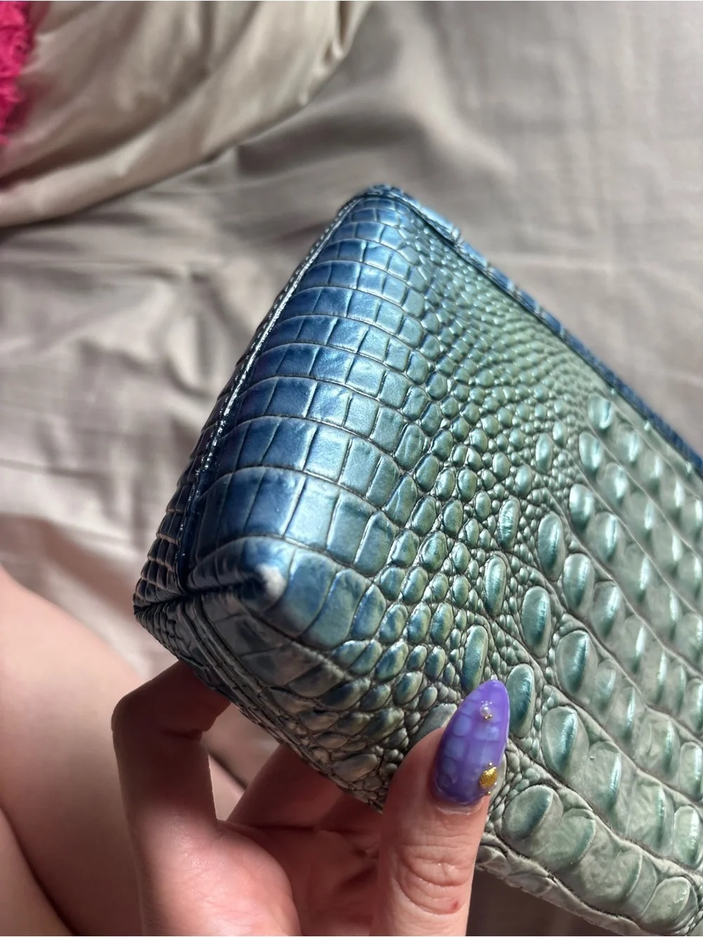 Brahmin Teal Green Iridescent Croc-Embossed Wristlet